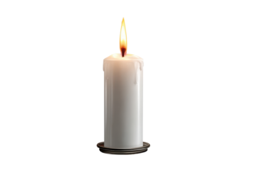 Single lit white pillar candle with melting wax flame on black background