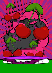 Comic Book Product podium stage for mockup presentation with Cherry. Retro comics background.