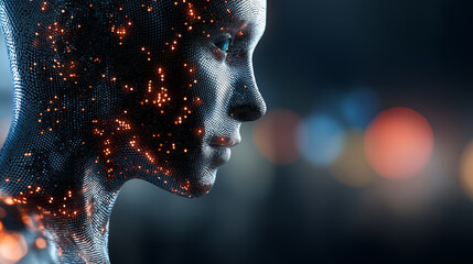 Close up portrait of a futuristic humanoid face with glowing digital particles, symbolizing artificial intelligence and advanced technology.
