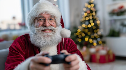 Smiling Santa Claus holding a game controller in a cozy Christmas living room, combining holiday tradition with modern gaming.
