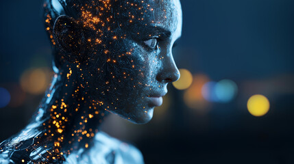 Close up portrait of a futuristic humanoid face with glowing digital particles, symbolizing artificial intelligence and advanced technology.
