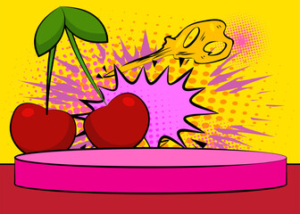 Comic Book Product podium stage for mockup presentation with Cherry. Retro comics background.
