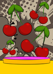 Comic Book Product podium stage for mockup presentation with Cherry. Retro comics background.
