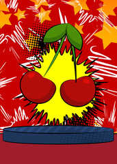 Comic Book Product podium stage for mockup presentation with Cherry. Retro comics background.