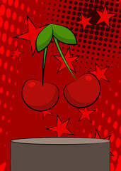 Comic Book Product podium stage for mockup presentation with Cherry. Retro comics background.