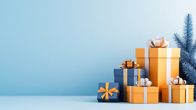 Blue and gold gift boxes with ribbon stacked beside small frosted pine branch on pale blue background, festive holiday composition conveying celebration and elegant seasonal cheer