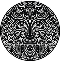 Obraz premium Stylized Tribal Mask Illustration with Ornate Patterns and Horns in Black and White