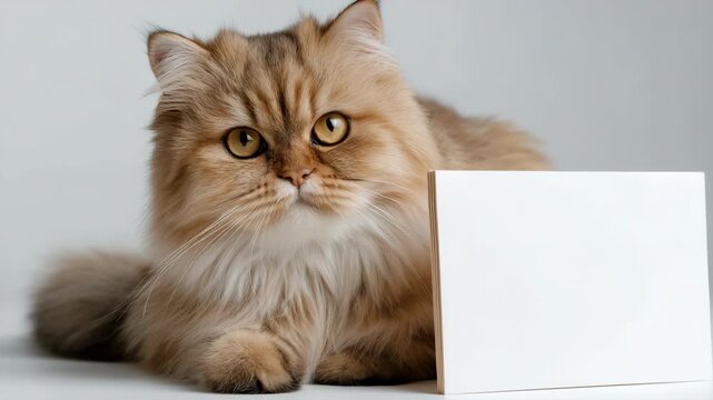 Fluffy persian cat with blank card against white background