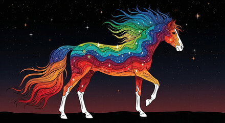Magical horse with rainbow galaxy pattern and flowing mane against starry night sky: Design for fantasy book covers, celestial themed wall art, and creative puzzle illustrations.