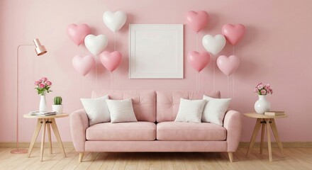 Cozy pink living room with heart balloons and white frame