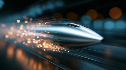High-speed futuristic vehicle with glowing light trails symbolizing innovation, speed, and advanced transportation technology.
