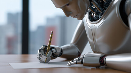 Humanoid robot writing with a pen at a desk, symbolizing artificial intelligence performing human-like tasks.
