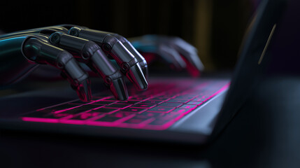 Robotic hand touching a laptop keyboard symbolizing artificial intelligence, automation, and human–computer interaction.