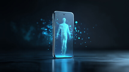Holographic human silhouette emerging from a smartphone representing digital identity, virtual presence, and future technology.
