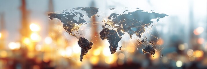 A blurred world map with city lights overlaid on an abstract background of warm orange and cool blue tones