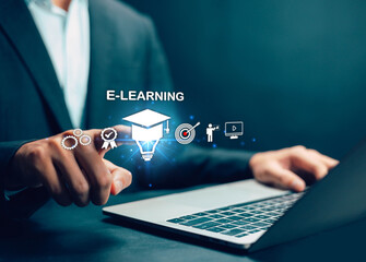 E-learning concept with business professional using laptop and virtual education icons, online training, digital knowledge, distance learning, smart education technology and modern corporate learning.