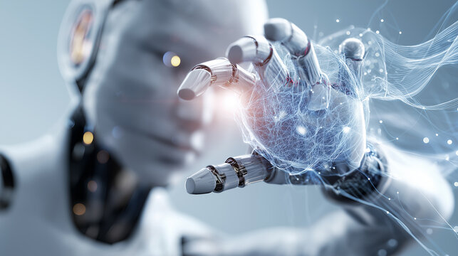 Robotic hand interacting with a glowing digital energy sphere representing artificial intelligence, innovation, and advanced data interaction.
 - Powered by Adobe