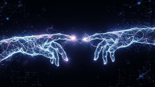 Abstract digital art depicting two glowing blue energy hands reaching towards each other in the dark universe with connecting light sparks symbolizing creation