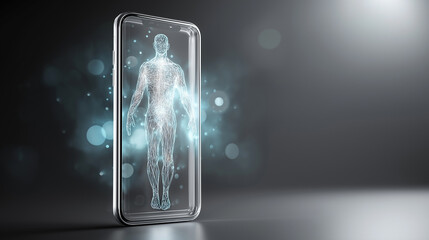Holographic human silhouette emerging from a smartphone representing digital identity, virtual presence, and future technology.
