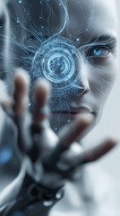 Robotic hand interacting with a glowing digital energy sphere representing artificial intelligence, innovation, and advanced data interaction.
