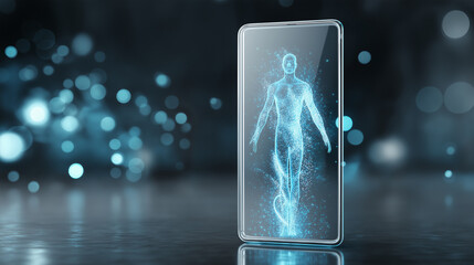 Holographic human silhouette emerging from a smartphone representing digital identity, virtual presence, and future technology.
