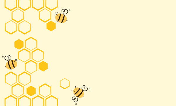 Cute bee and honeycomb background with golden hexagon pattern on soft cream space, featuring playful flying bees for natural, organic, and sweet decorative design layouts.