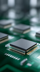 Obraz premium Microchips moving on an automated production line in a high-tech factory representing semiconductor manufacturing and advanced technology. 