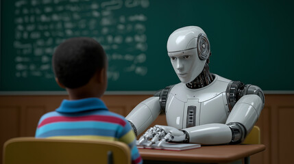 Humanoid robot tutoring a child in a classroom representing artificial intelligence in education and personalized learning.
