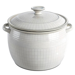 Large White Ceramic Pot with Grid Pattern Design and Lid for Kitchen Cooking Isolated