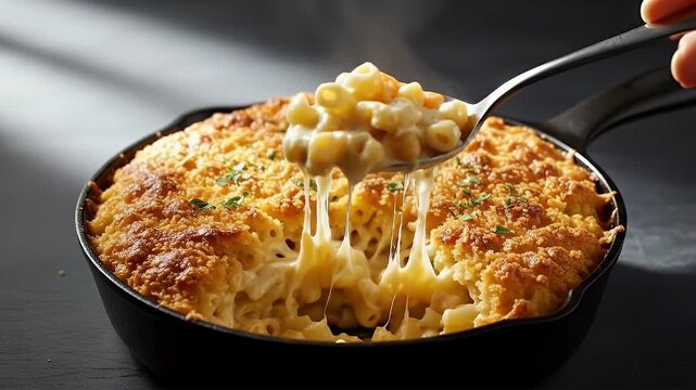 Golden Crusted Macaroni and Cheese in a Black Cast Iron Pan With Creamy Texture on Dark Background, Hand With Spoon