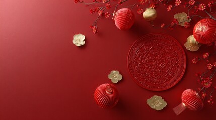 A beautiful deep matte red backdrop showcases festive Lunar New Year decorations. Colorful lanterns, gold accents, and blossoming flowers create a joyous atmosphere of celebration and tradition