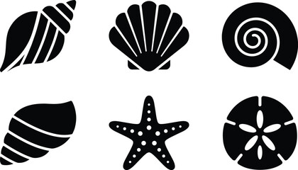 Sea life icon set, shell silhouettes, starfish, sand dollar, marine symbols, beach theme, black vector graphics © S.P