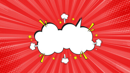 Red comic sunburst effect background with halftone. Pop art comic style background. Blank comic bubbles