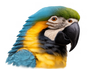 Blue-and-yellow macaw head with colorful feathers looking right, tropical bird wildlife portrait on transparent background
