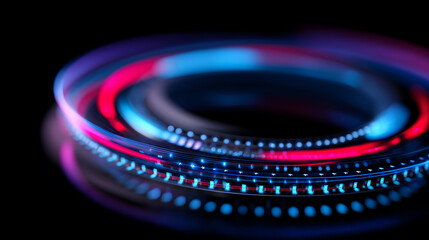 Abstract glowing circular interface with neon light waves visualizes a futuristic artificial intelligence application and digital data processing.
