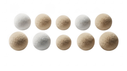 Collection of ten round stones with textured surfaces in beige gray and white shades isolated on transparent background