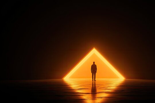 A silhouette of a person standing within the glow of an orange geometric shape, dark backdrop - Powered by Adobe