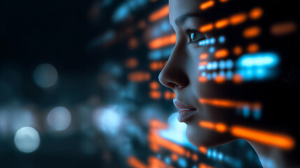 Side profile of a focused human face illuminated by fast moving digital light trails, symbolizing speed, data, and modern technology.

