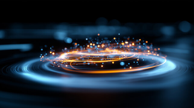 Abstract glowing circular interface with neon light waves visualizes a futuristic artificial intelligence application and digital data processing.
 - Powered by Adobe