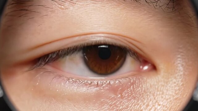 A captivating macro close-up of a human eye, showcasing the intricate details of a rich brown iris, the dark, reflective pupil, and the delicate contours of the eyelid with prominent eyelashes. The sh