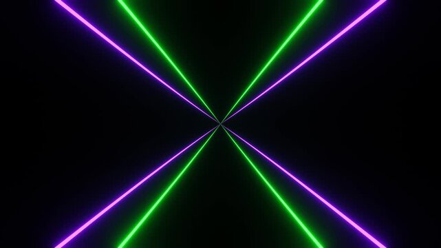 Experience a mesmerizing motion background featuring vibrant green and purple light lines creating a rhythmic techno atmosphere. Perfect for immersive music environments and creative projects.