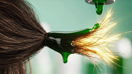 A video showcasing a green glass bottle being used to pour a liquid onto damaged hair with split ends.