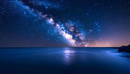 A mesmerizing panorama captures the night sky, with a dazzling Milky Way, shimmering above a tranquil ocean and silhouetted shoreline