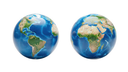 Two globes of earth showing continents and oceans with realistic geographic details on transparent background