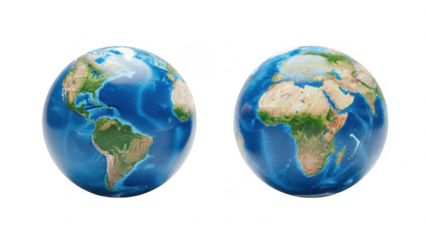 Two globes of earth showing continents and oceans with realistic geographic details on transparent background