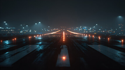 Night landing at snowy airport