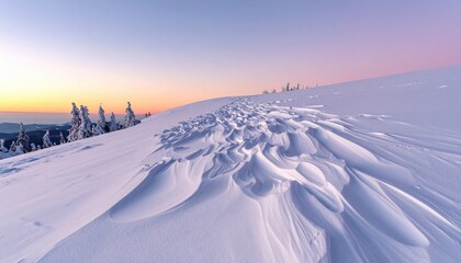 Snowy mountain ridge under a pastel sky at dawn