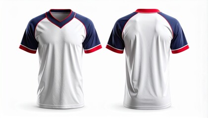 Front and back view of a white baseball jersey with blue sleeves and red trim on a plain white background