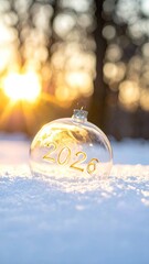 Snowy ornament reads 2026, backlit by sunset