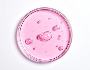 Pink fluid in petri dish with various-sized air bubbles